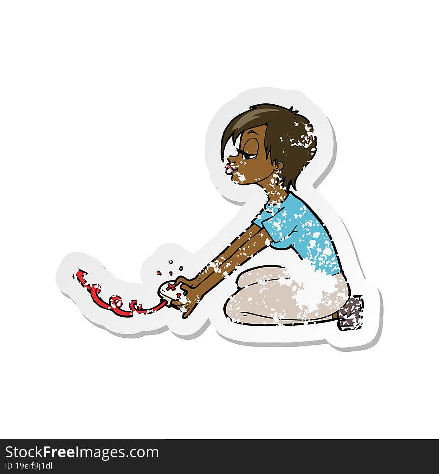 Retro Distressed Sticker Of A Cartoon Girl Playing Computer Games