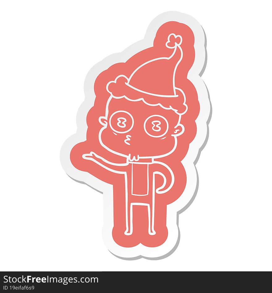 cartoon  sticker of a weird bald spaceman wearing santa hat