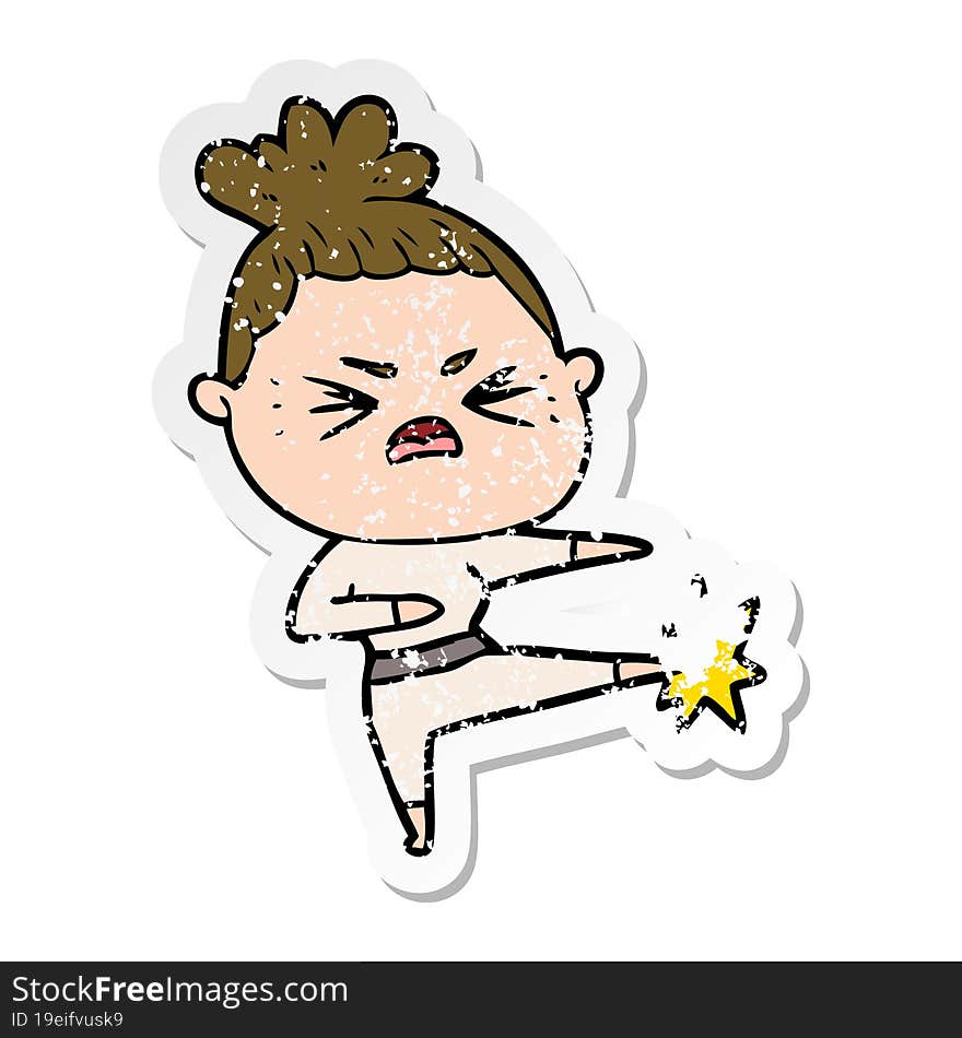 distressed sticker of a cartoon angry woman