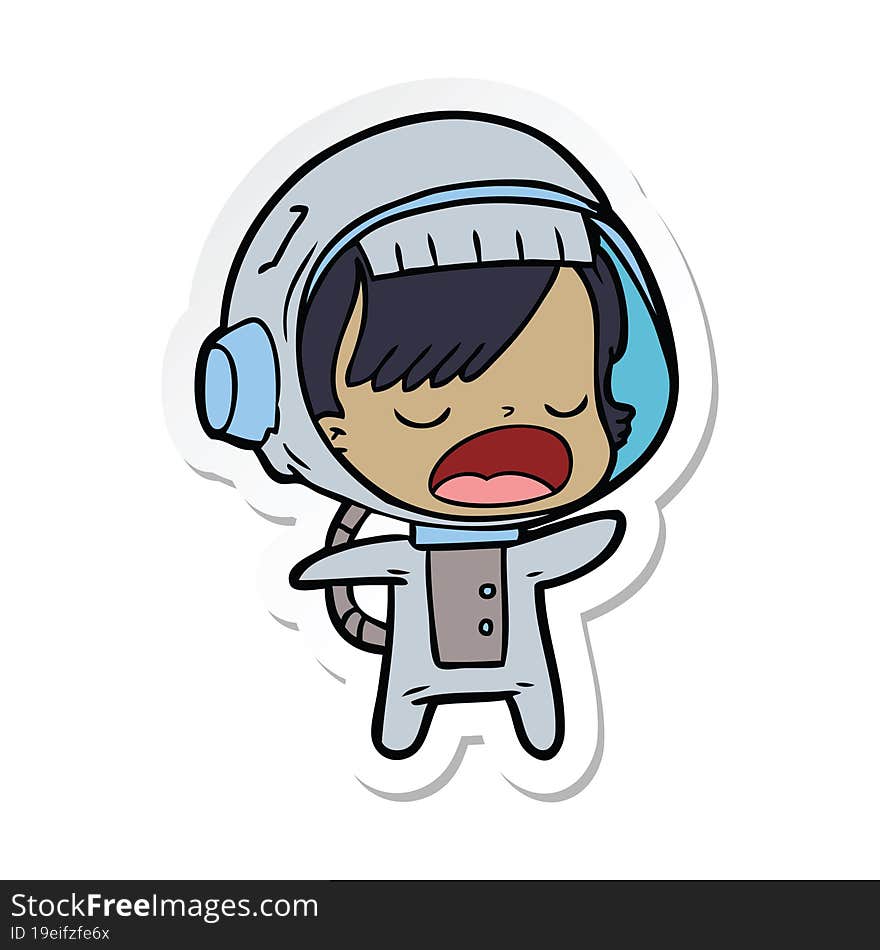 sticker of a cartoon talking astronaut woman