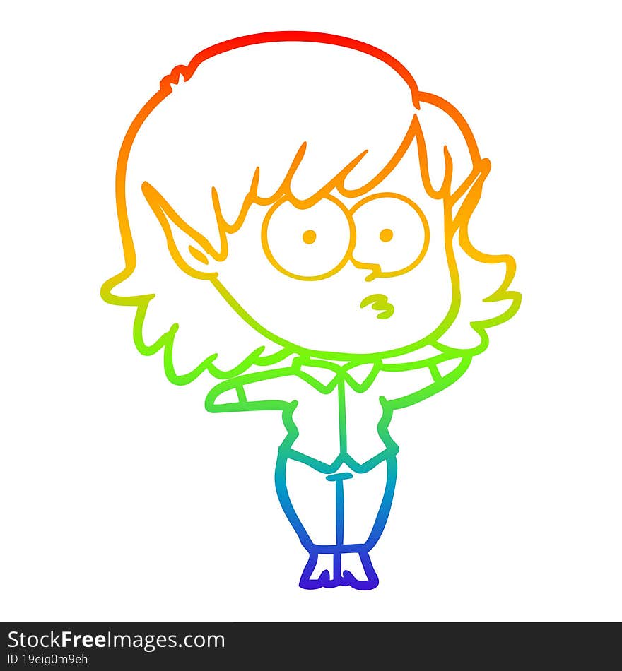 rainbow gradient line drawing cartoon elf girl staring