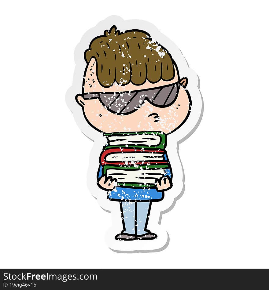 distressed sticker of a cartoon boy wearing sunglasses with stack of books