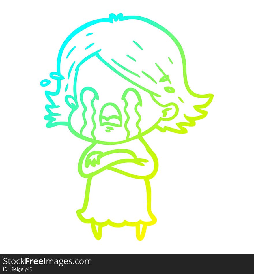 cold gradient line drawing of a cartoon woman crying