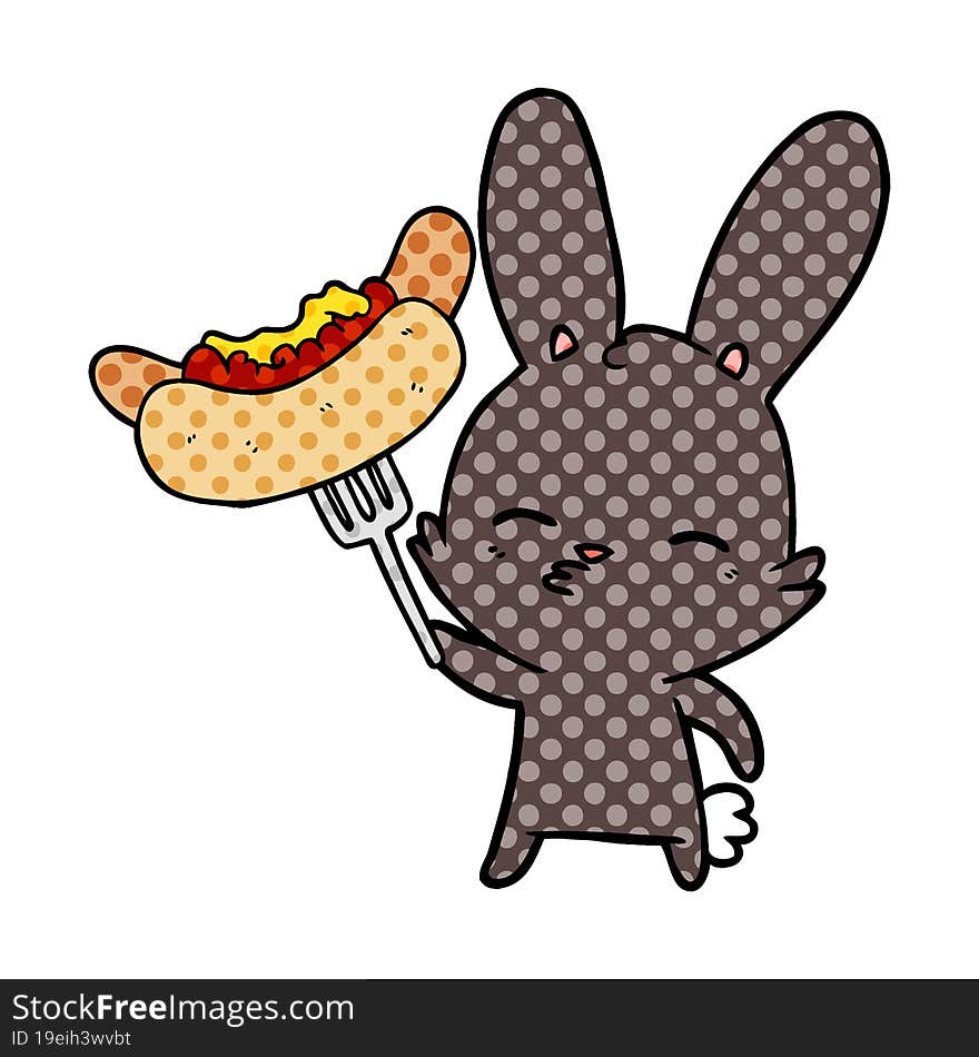 curious bunny cartoon with hotdog. curious bunny cartoon with hotdog