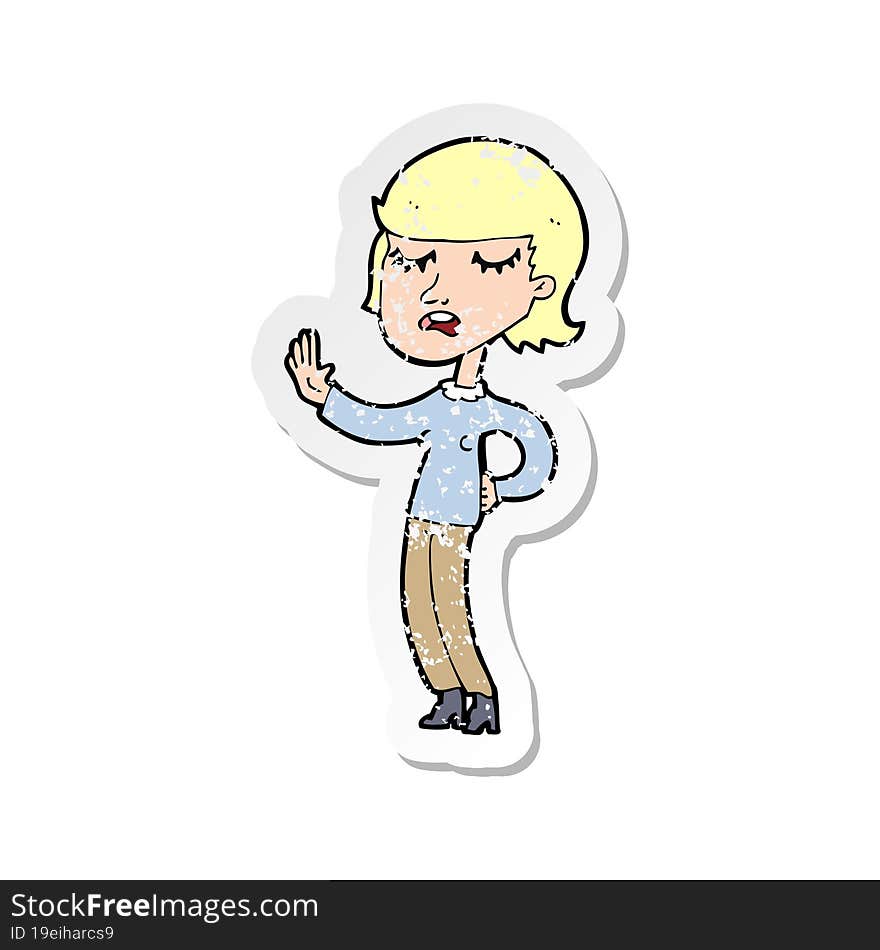 retro distressed sticker of a cartoon woman ignoring