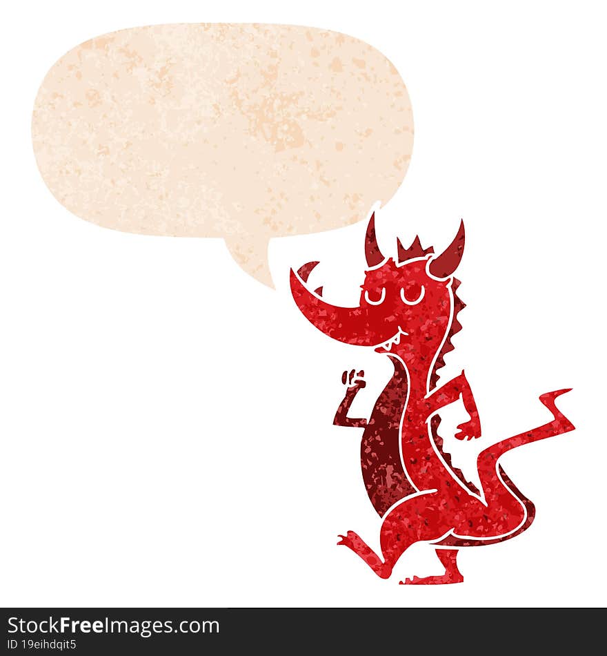 cartoon cute dragon with speech bubble in grunge distressed retro textured style. cartoon cute dragon with speech bubble in grunge distressed retro textured style