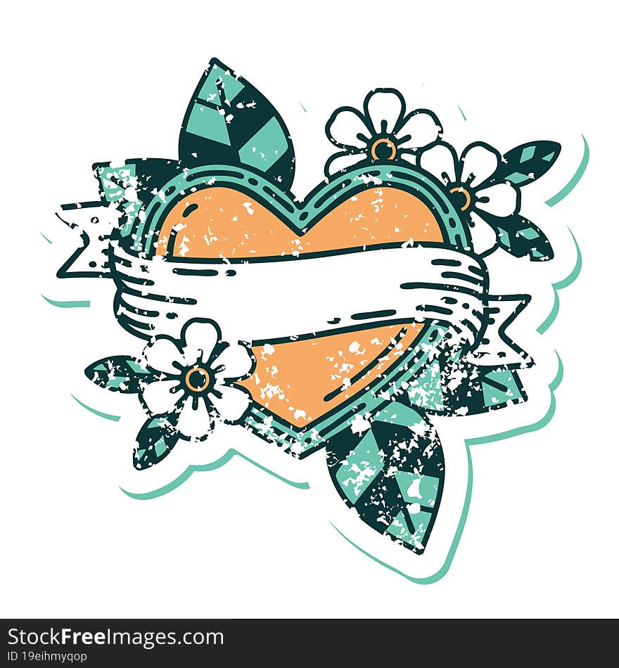 Distressed Sticker Tattoo Style Icon Of A Heart And Banner