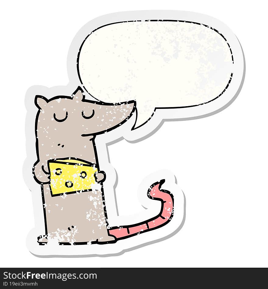 cartoon mouse and cheese and speech bubble distressed sticker