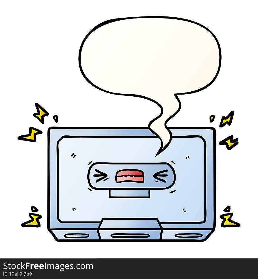 cartoon angry old cassette tape and speech bubble in smooth gradient style