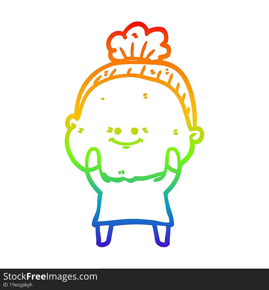 rainbow gradient line drawing of a cartoon happy old woman