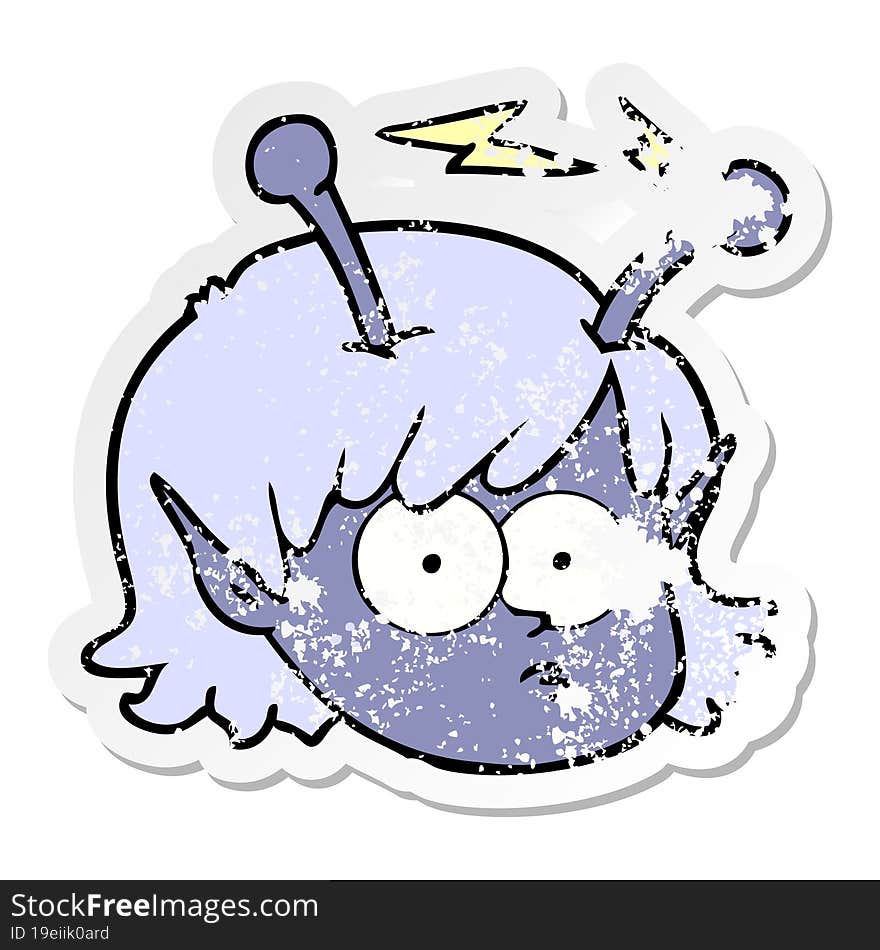 distressed sticker of a cartoon telepathic alien space girl face