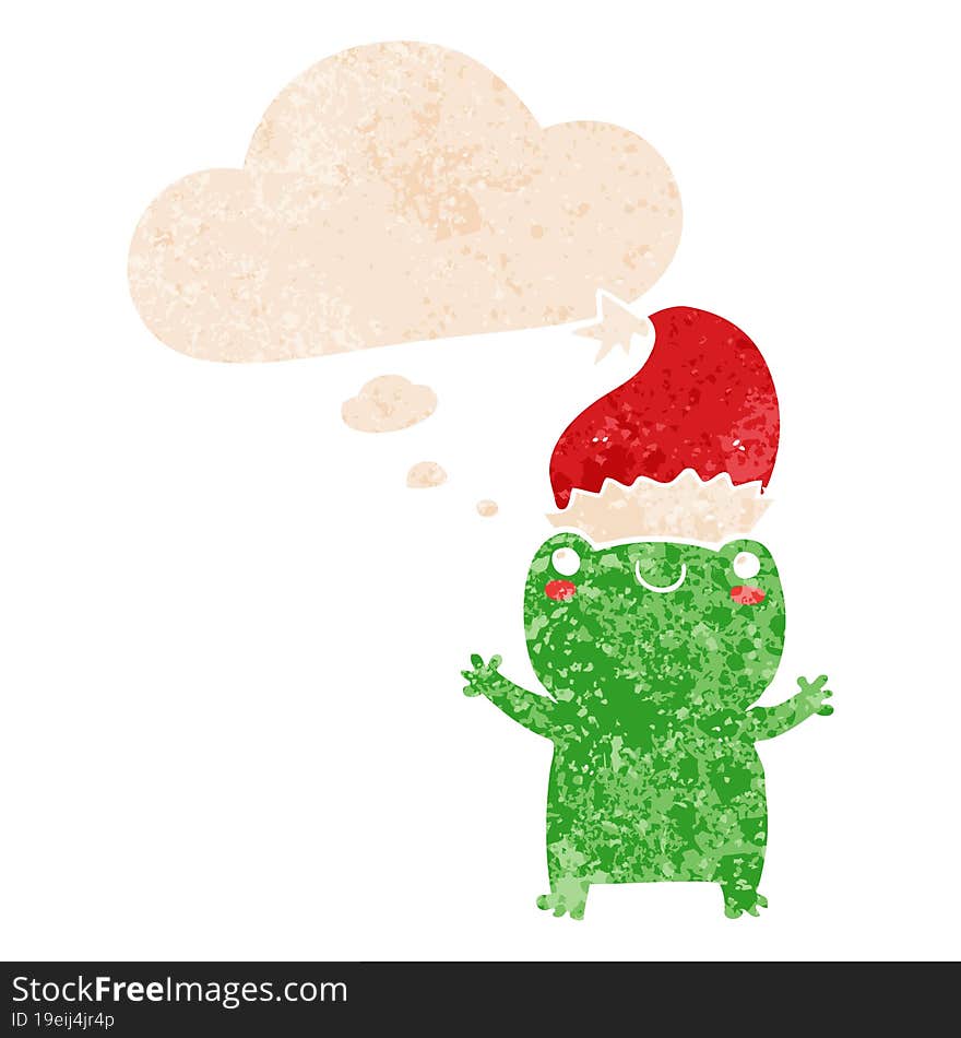 cute christmas frog and thought bubble in retro textured style