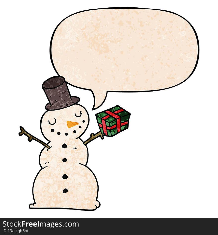 cartoon snowman and speech bubble in retro texture style