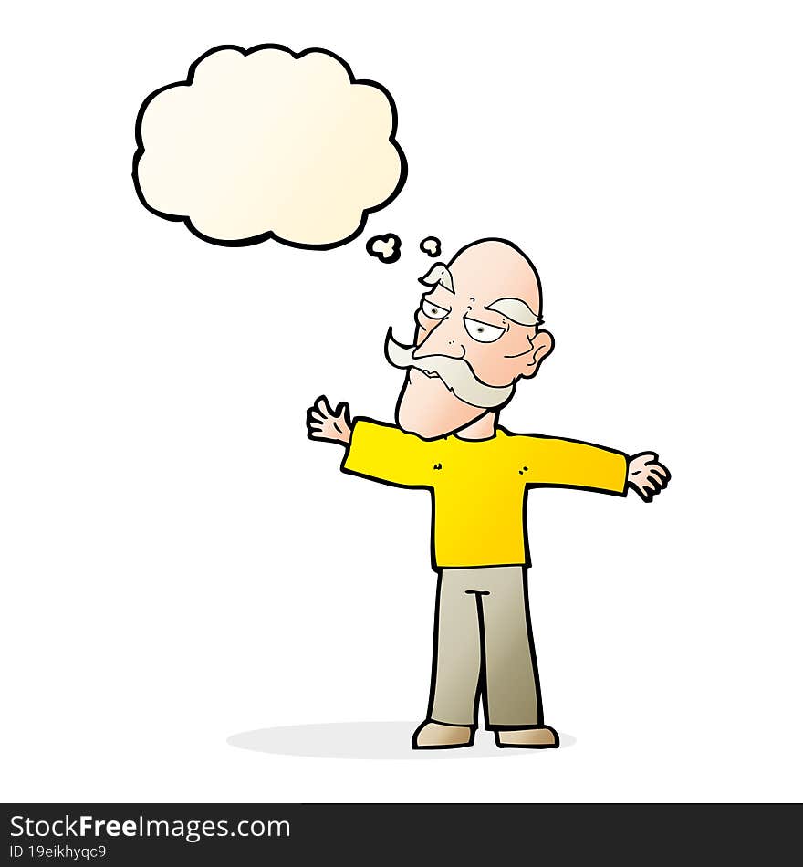 cartoon old man spreading arms wide with thought bubble