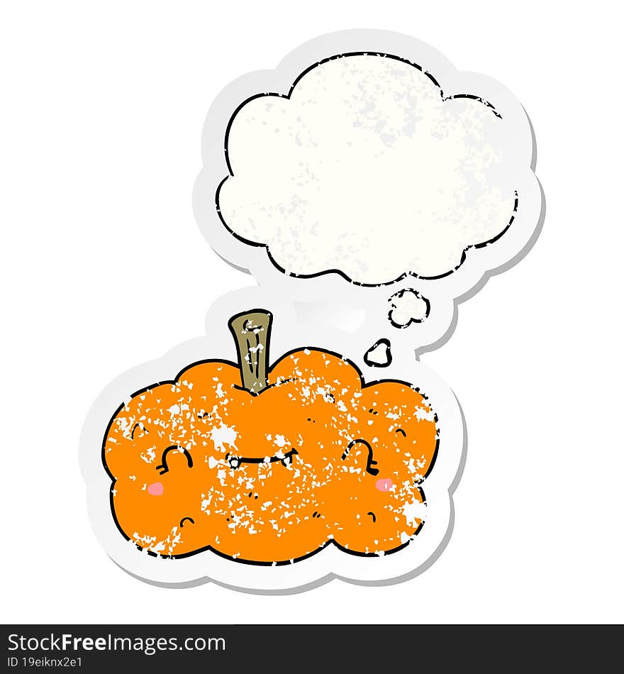 cartoon pumpkin and thought bubble as a distressed worn sticker