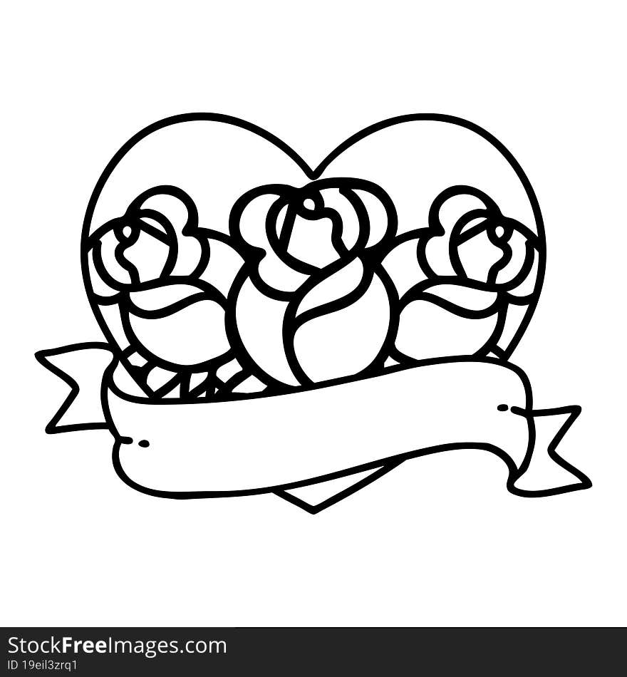 Black Line Tattoo Of A Heart And Banner With Flowers