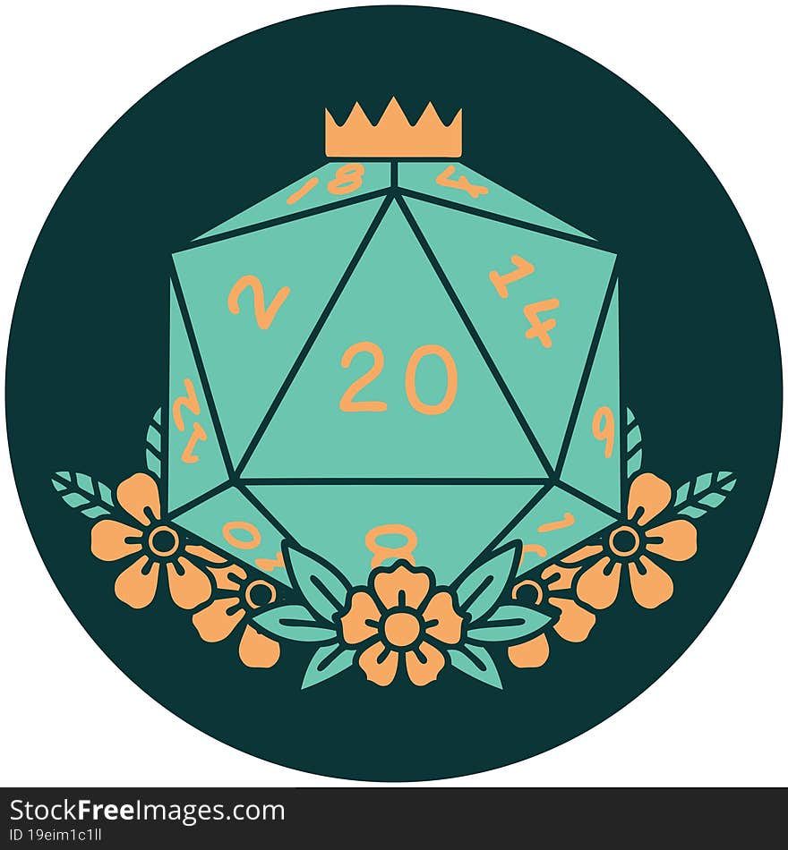 Natural 20 D20 Dice Roll With Floral Elements Icon