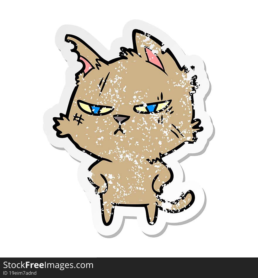 distressed sticker of a tough cartoon cat