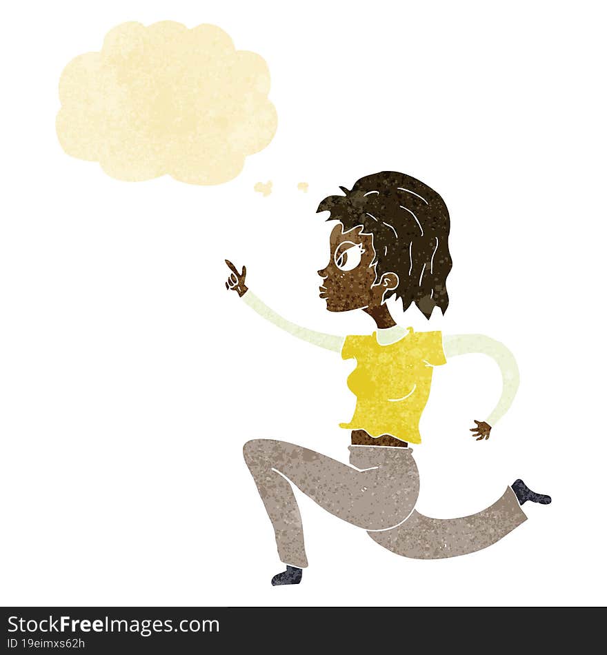 cartoon woman running and pointing with thought bubble