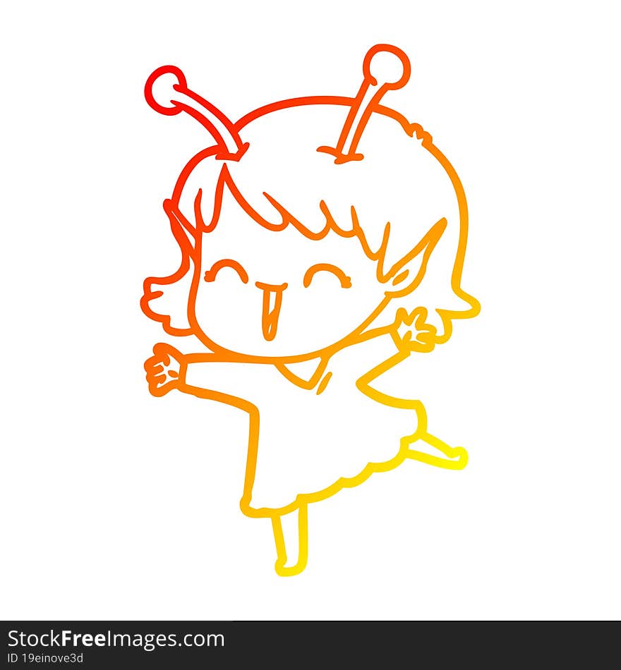 warm gradient line drawing of a cartoon alien girl laughing