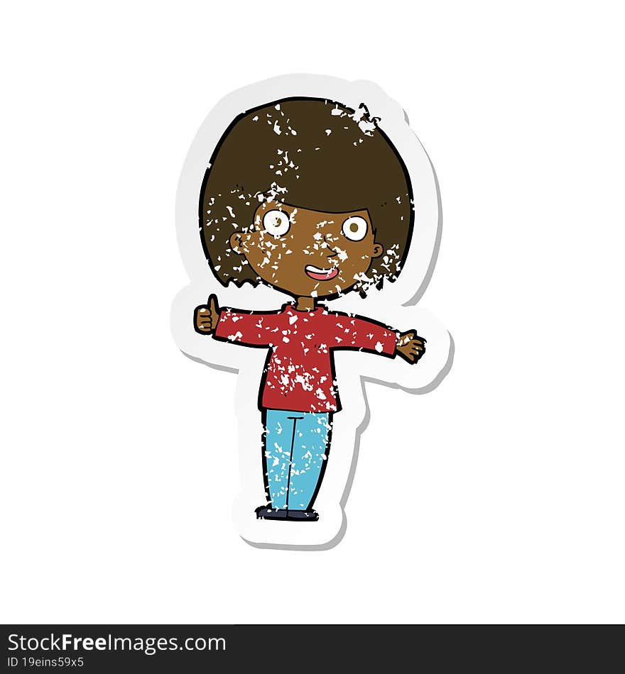 retro distressed sticker of a cartoon happy woman