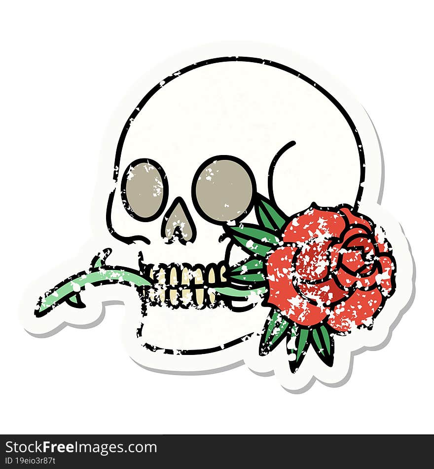 distressed sticker tattoo in traditional style of a skull and rose. distressed sticker tattoo in traditional style of a skull and rose