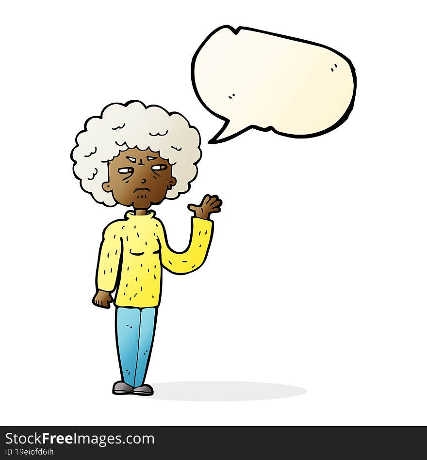 cartoon annoyed old woman waving with speech bubble