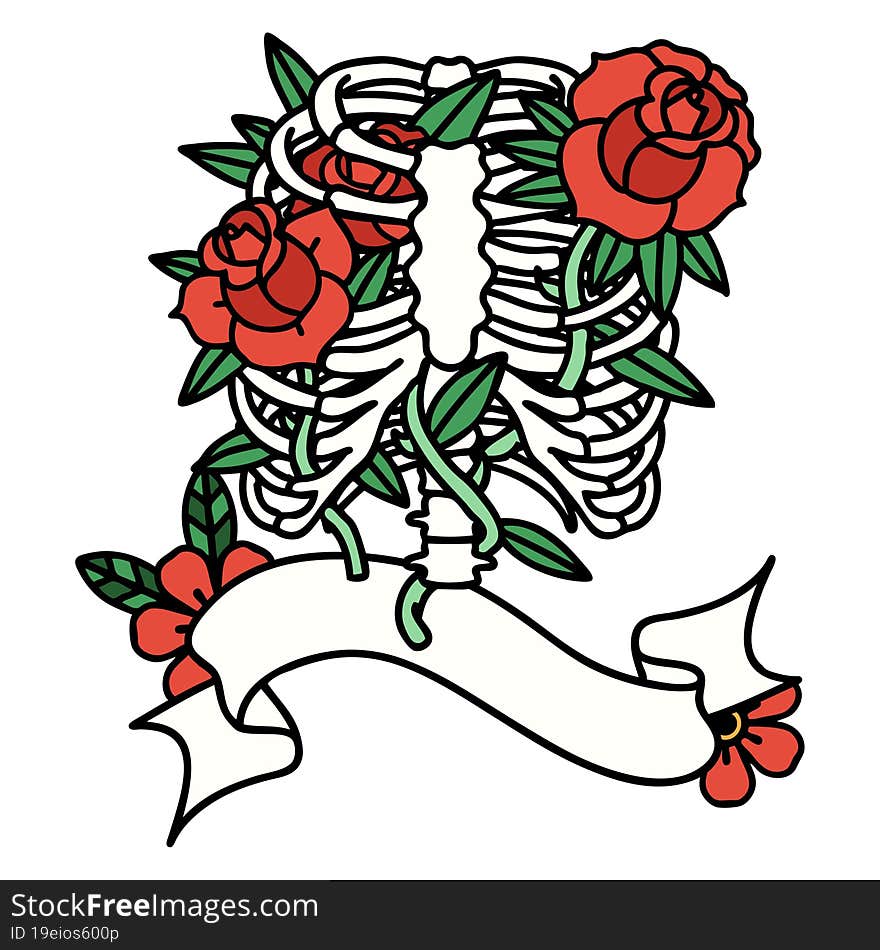 traditional tattoo with banner of a rib cage and flowers