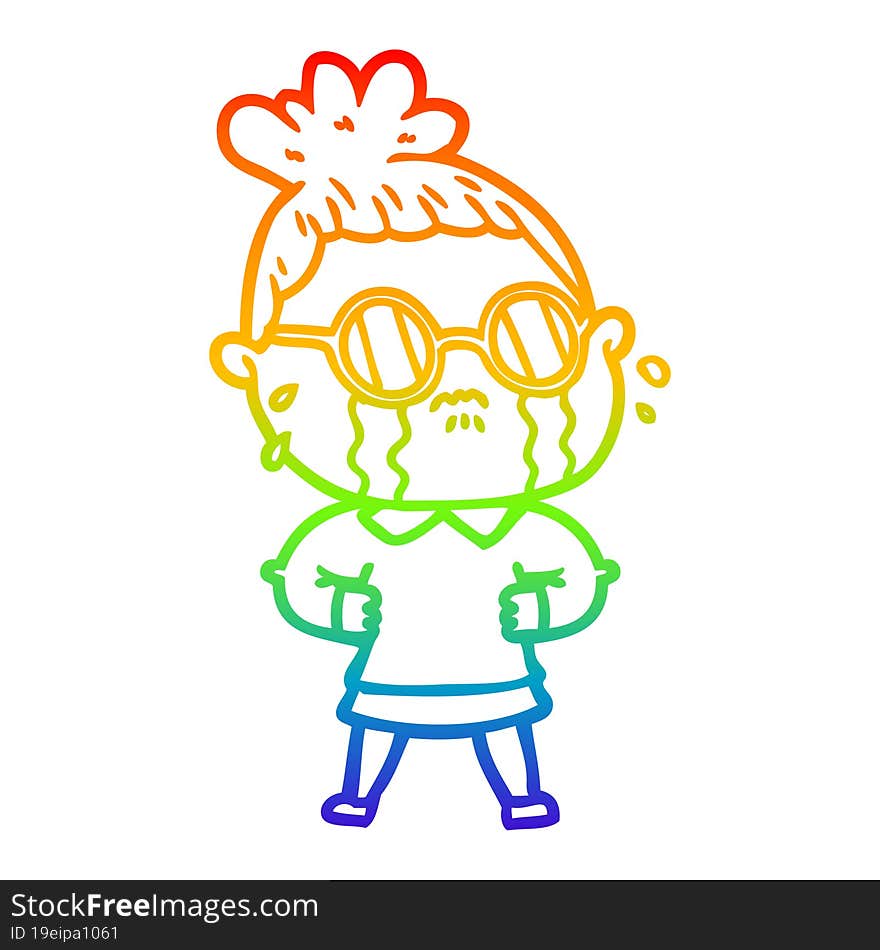 rainbow gradient line drawing cartoon crying woman wearing spectacles