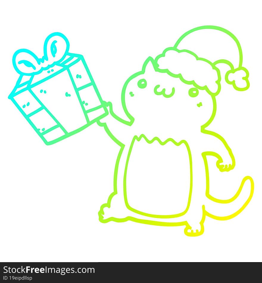 cold gradient line drawing of a cute cartoon christmas cat