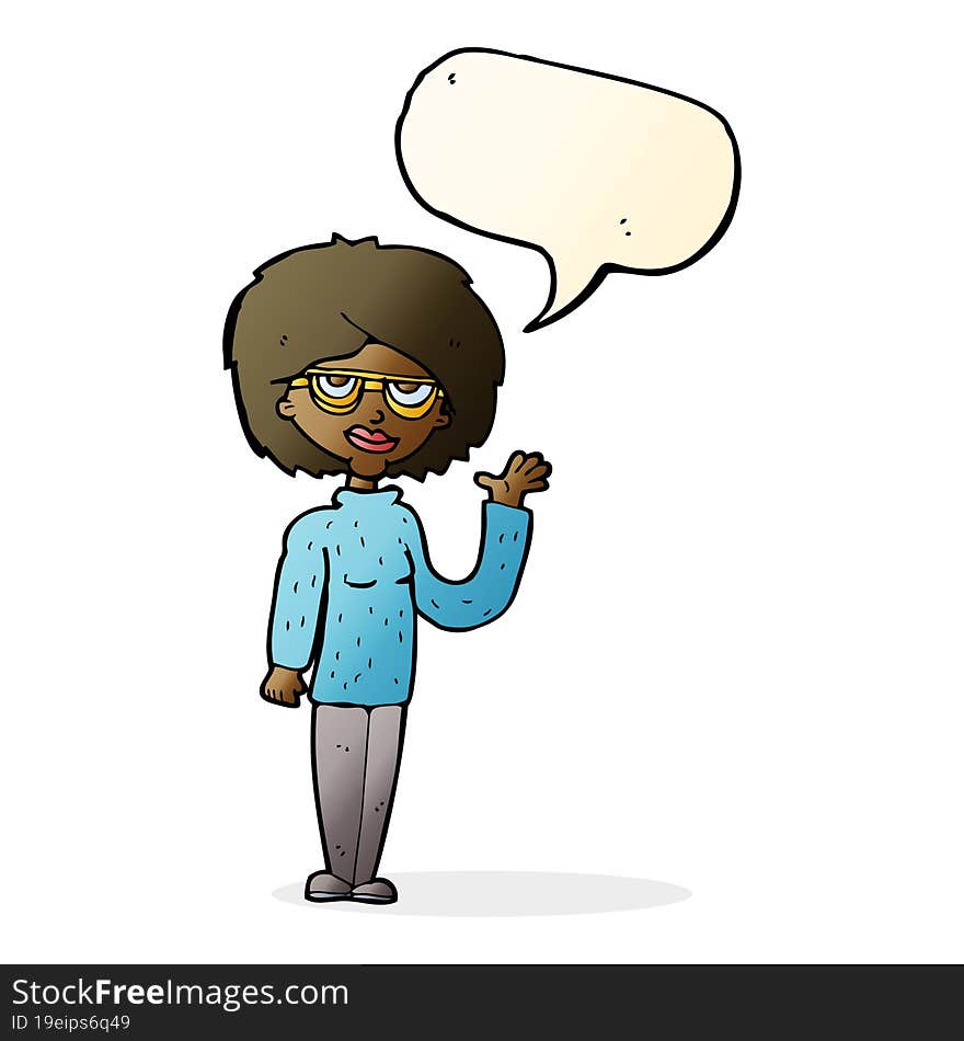 cartoon woman waving with speech bubble