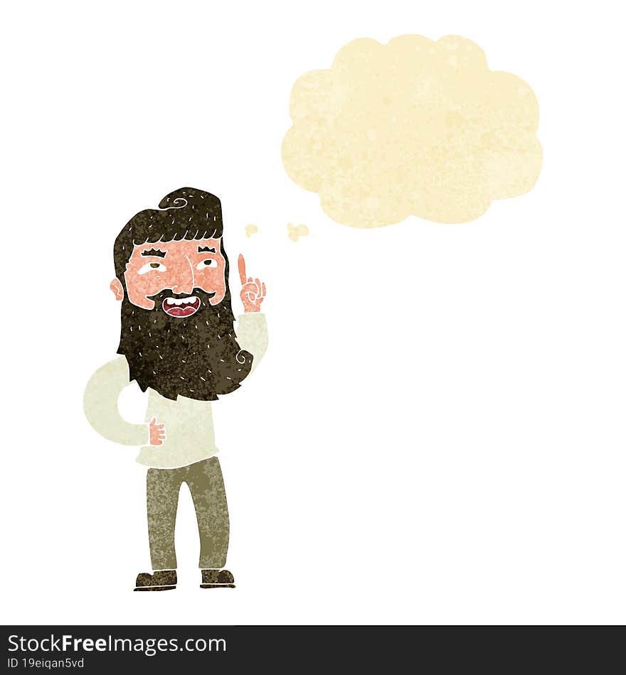 cartoon happy bearded man with idea with thought bubble