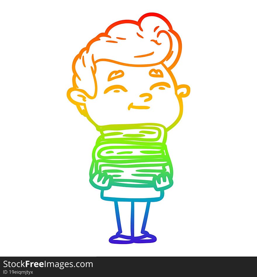 rainbow gradient line drawing of a happy cartoon man with stack of new books