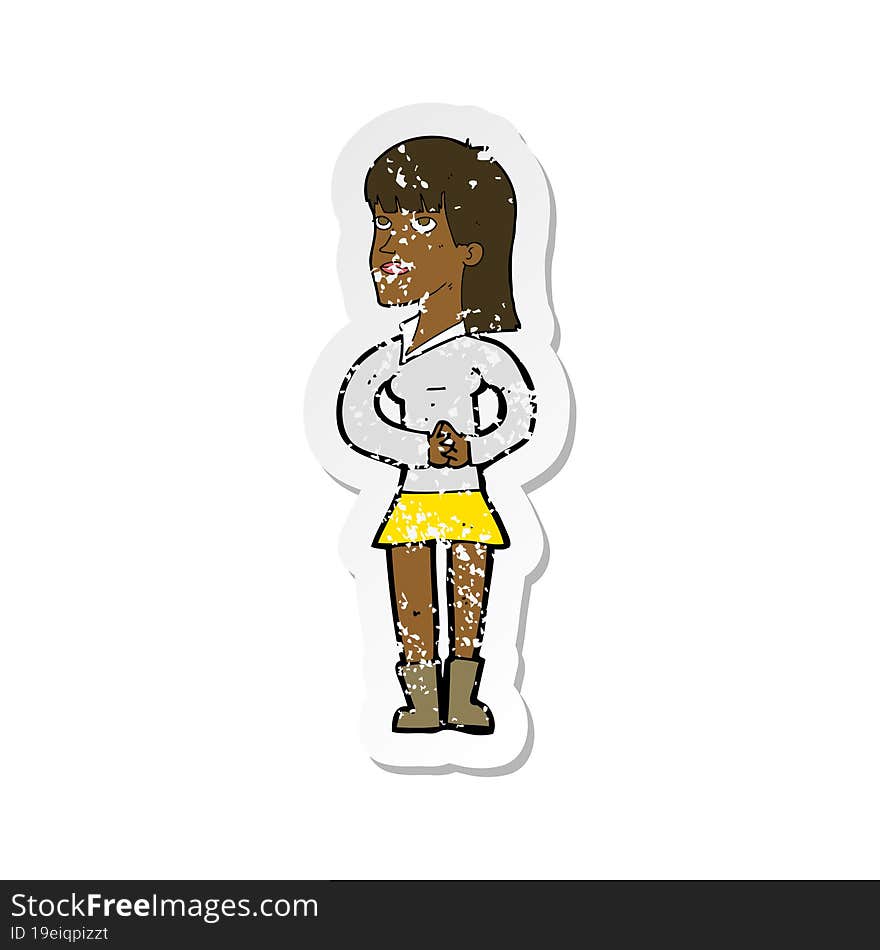 retro distressed sticker of a cartoon woman waiting