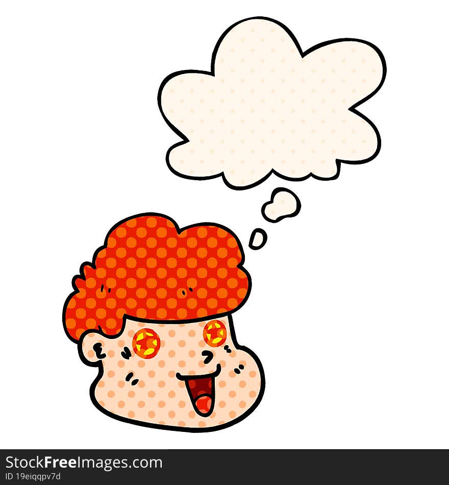 cartoon boy\'s face with thought bubble in comic book style