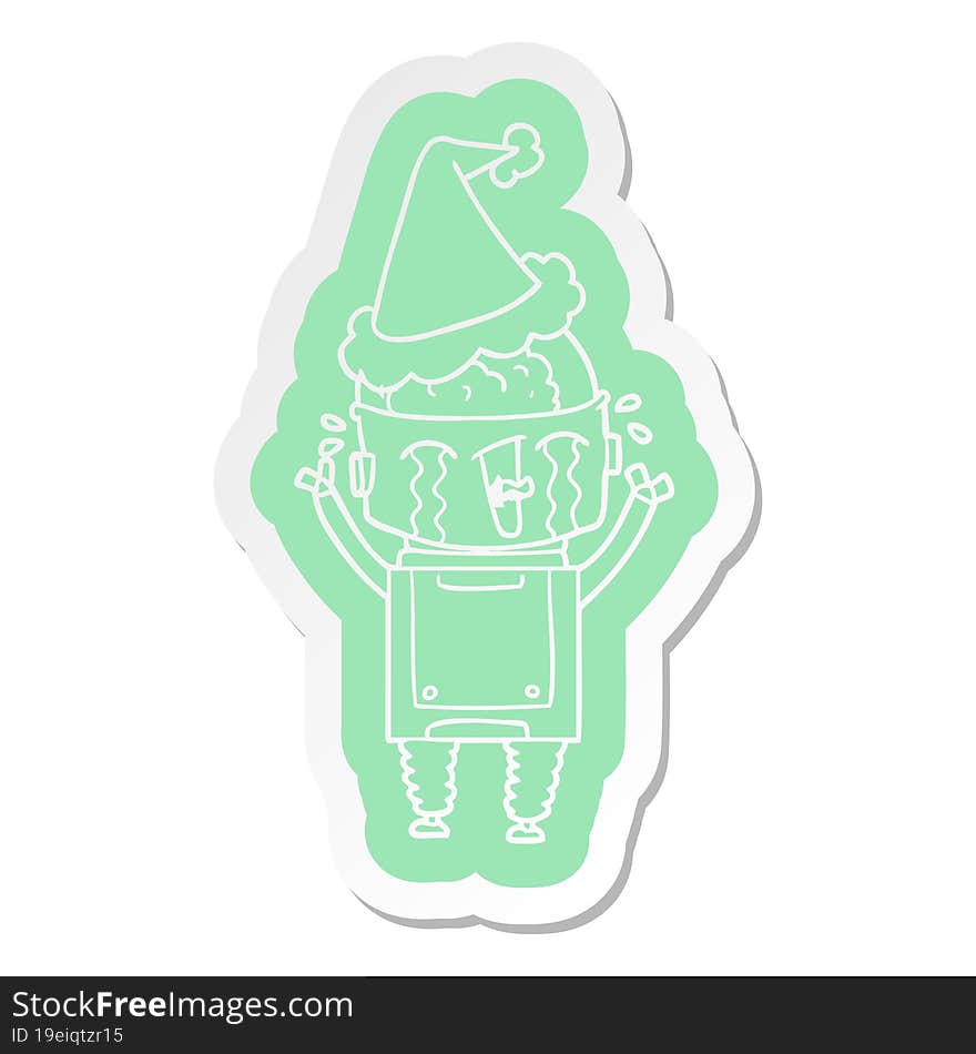 Cartoon  Sticker Of A Crying Robot Wearing Santa Hat