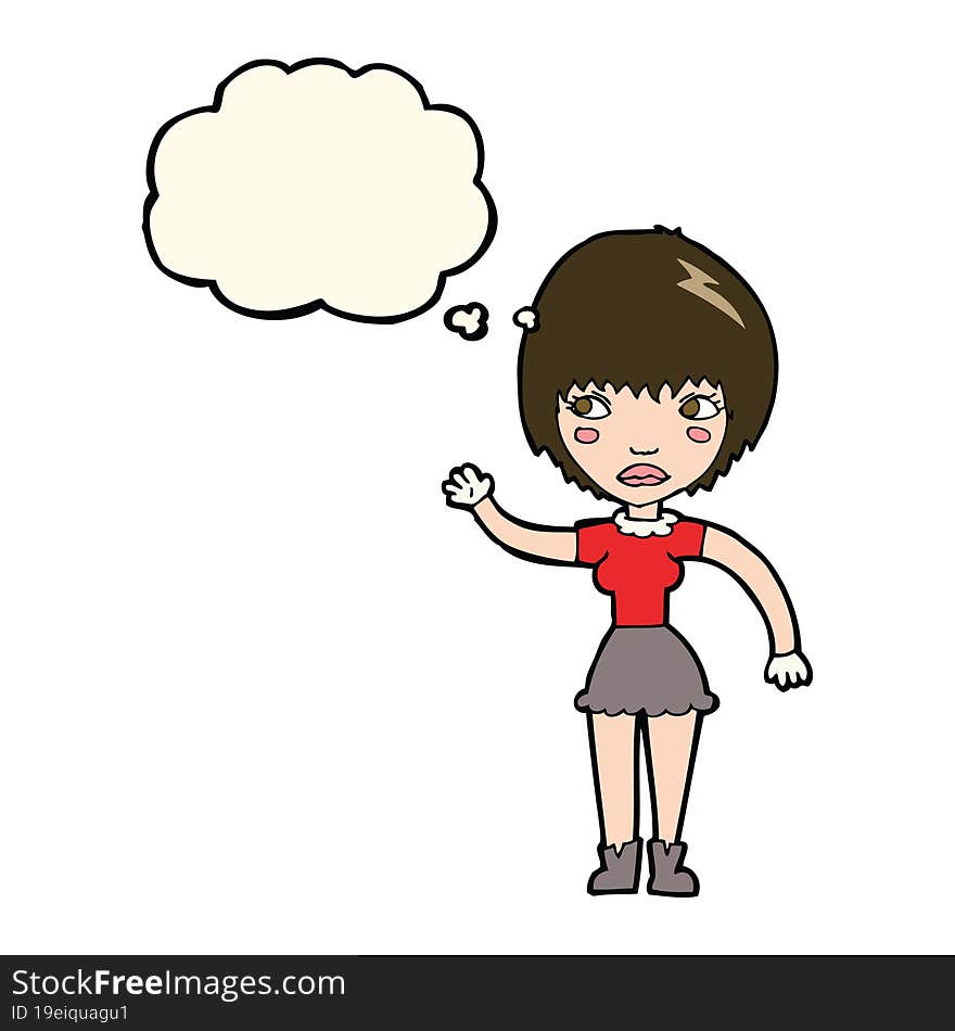 cartoon waving woman with thought bubble