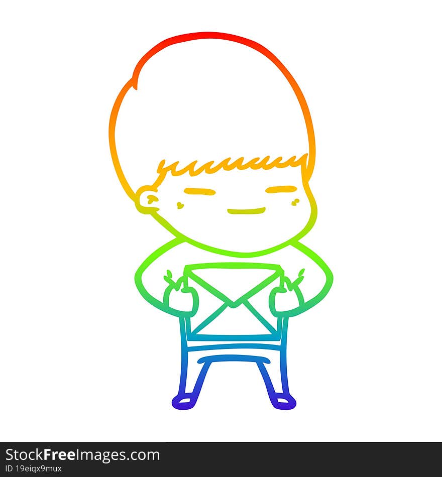 rainbow gradient line drawing of a cartoon smug boy carrying present