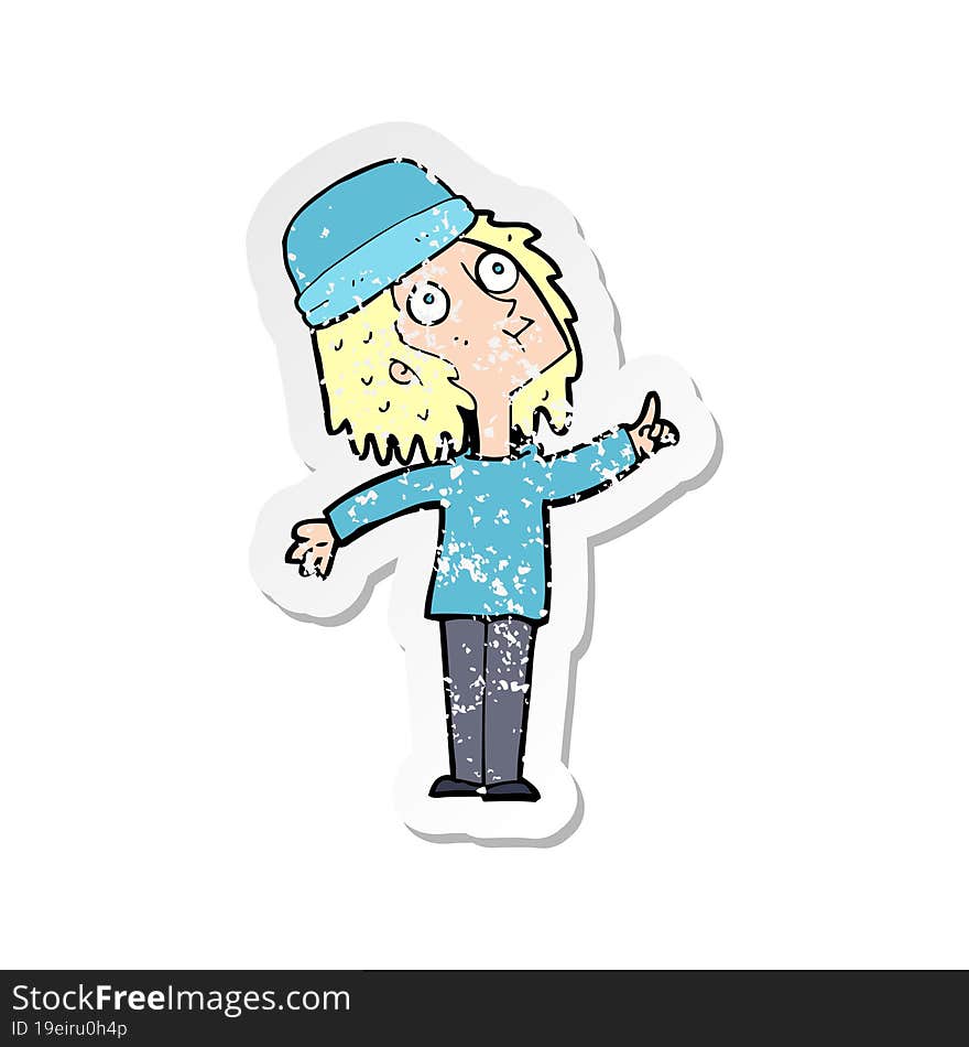 retro distressed sticker of a cartoon woman wearing winter hat