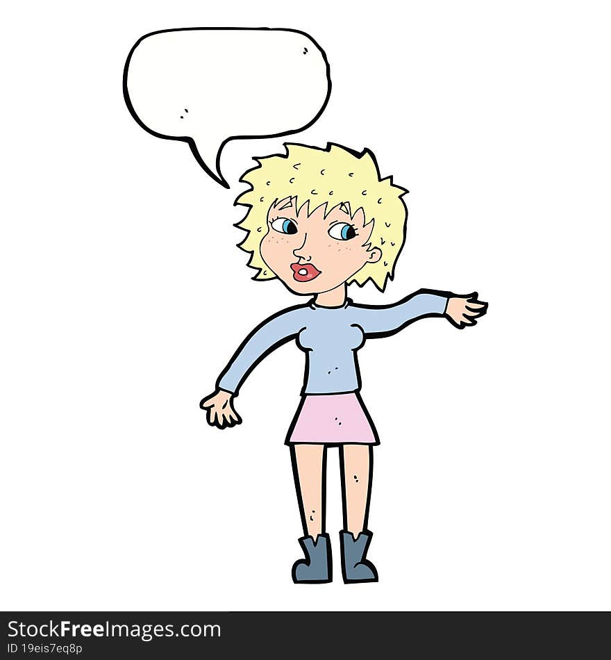 cartoon friendly woman waving with speech bubble