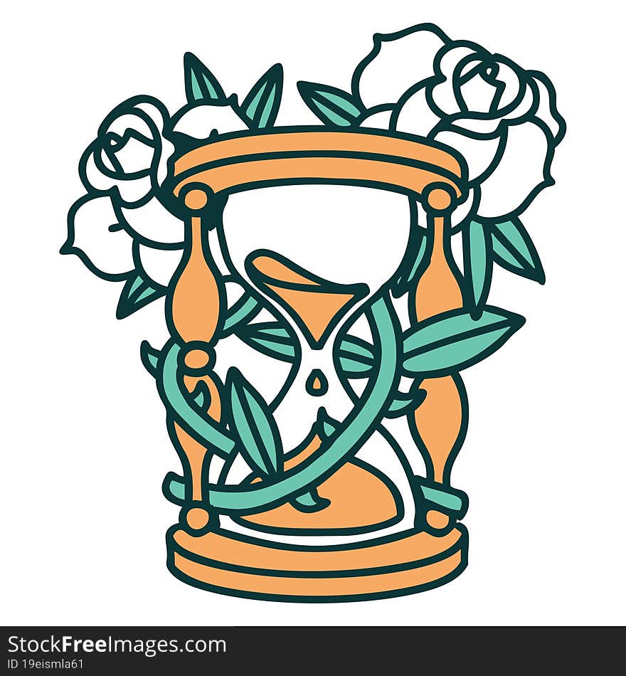 tattoo style icon of an hour glass and flowers