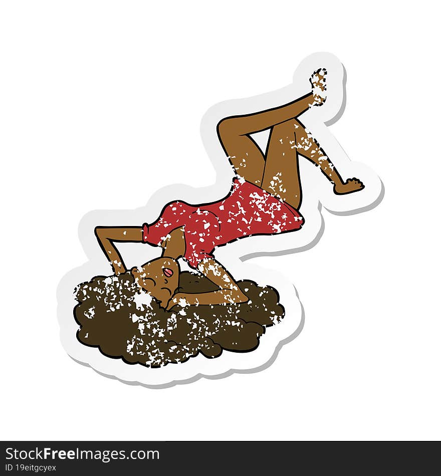 retro distressed sticker of a cartoon woman lying on floor