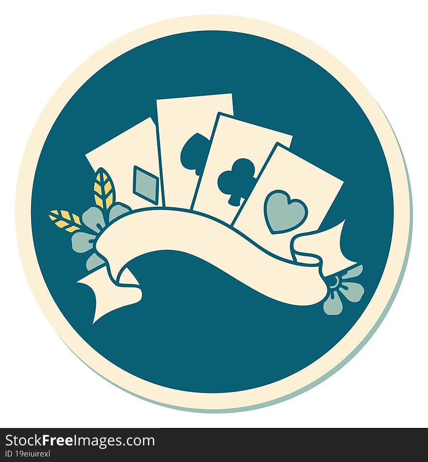 tattoo style sticker of cards and banner with flowers