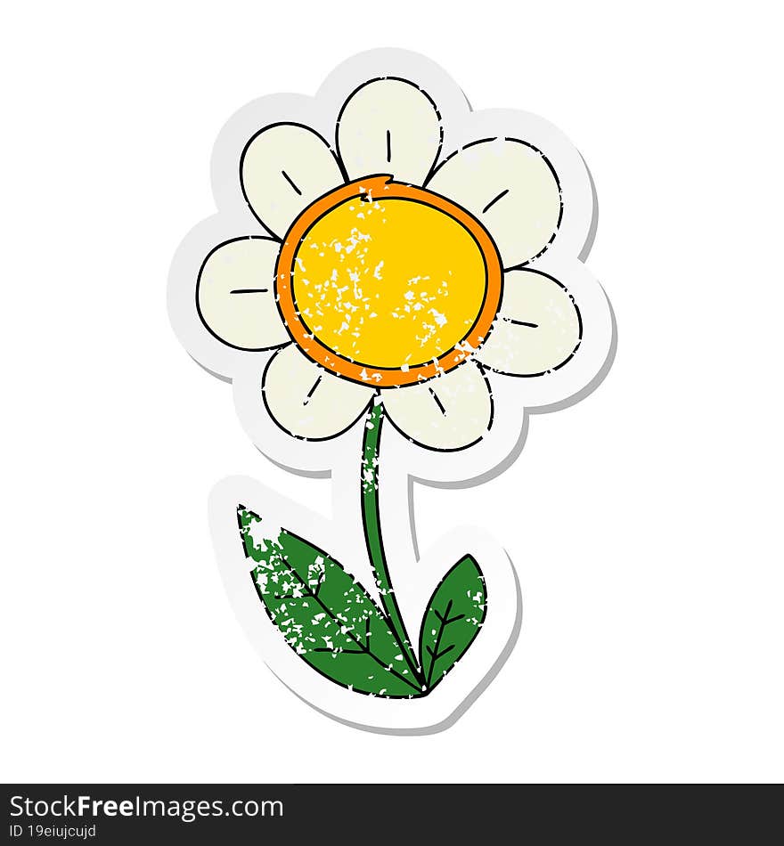 distressed sticker of a quirky hand drawn cartoon daisy