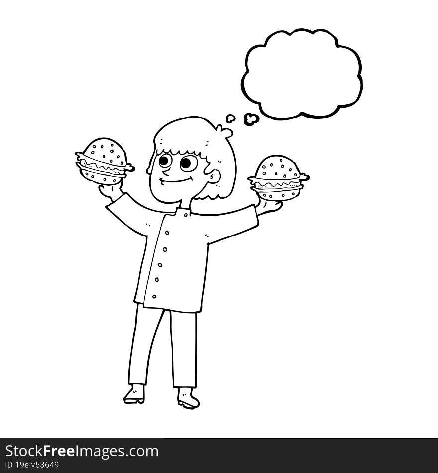 thought bubble cartoon chef with burgers