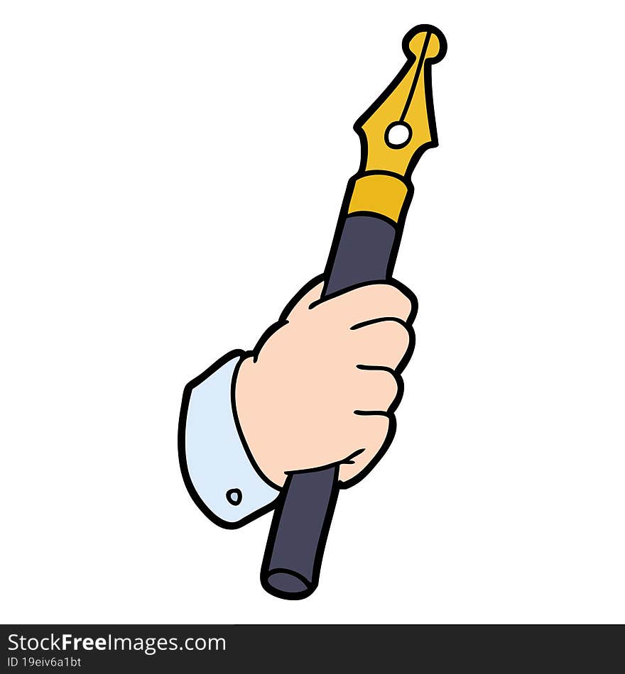 cartoon hand holding fountain pen. cartoon hand holding fountain pen