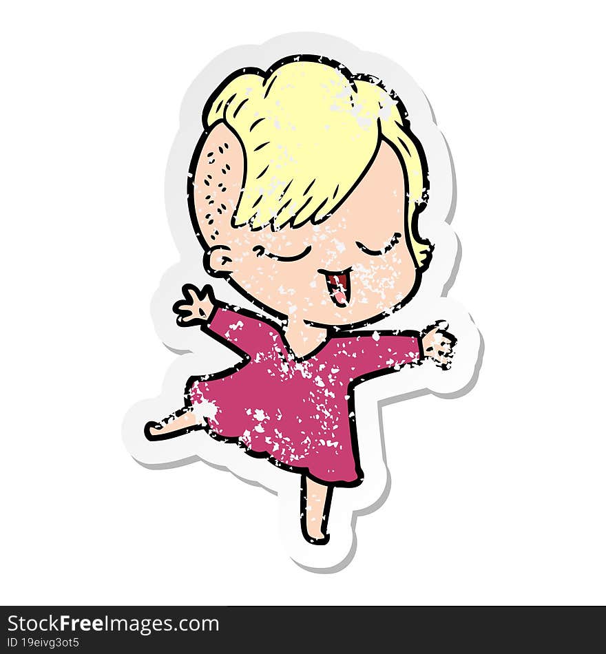 distressed sticker of a happy cartoon girl dancing