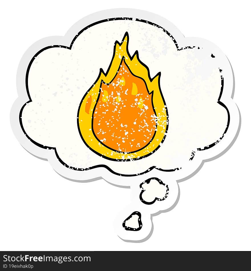 cartoon fire and thought bubble as a distressed worn sticker