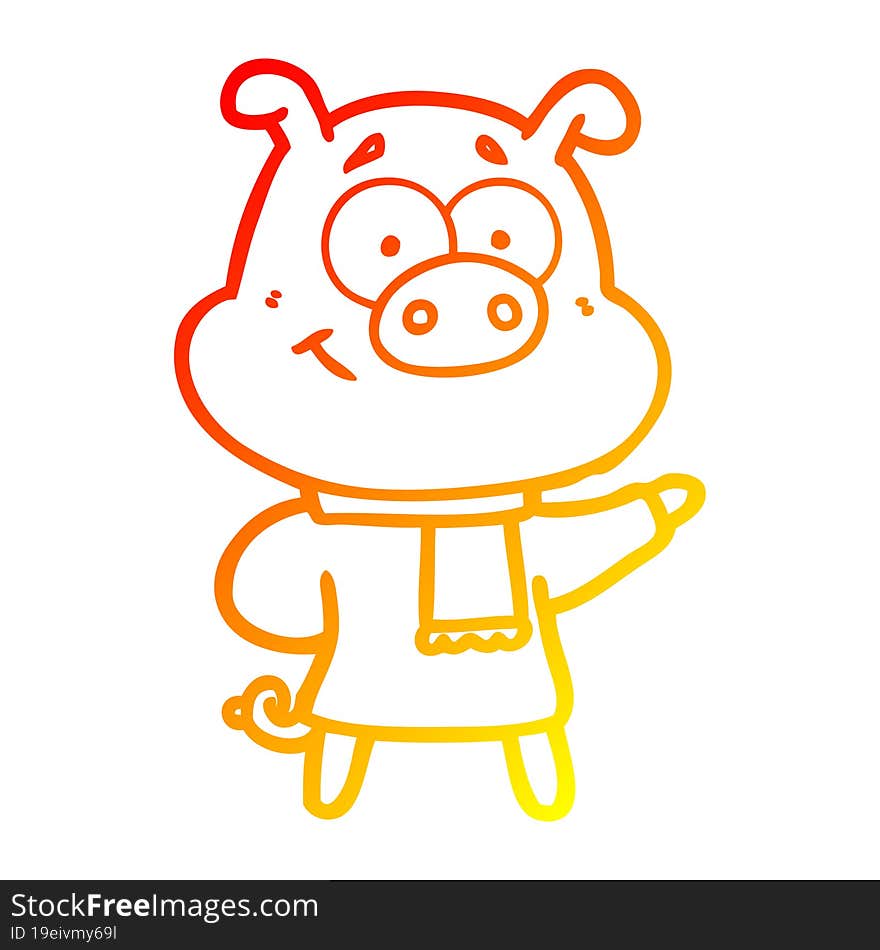 warm gradient line drawing happy cartoon pig wearing warm clothes