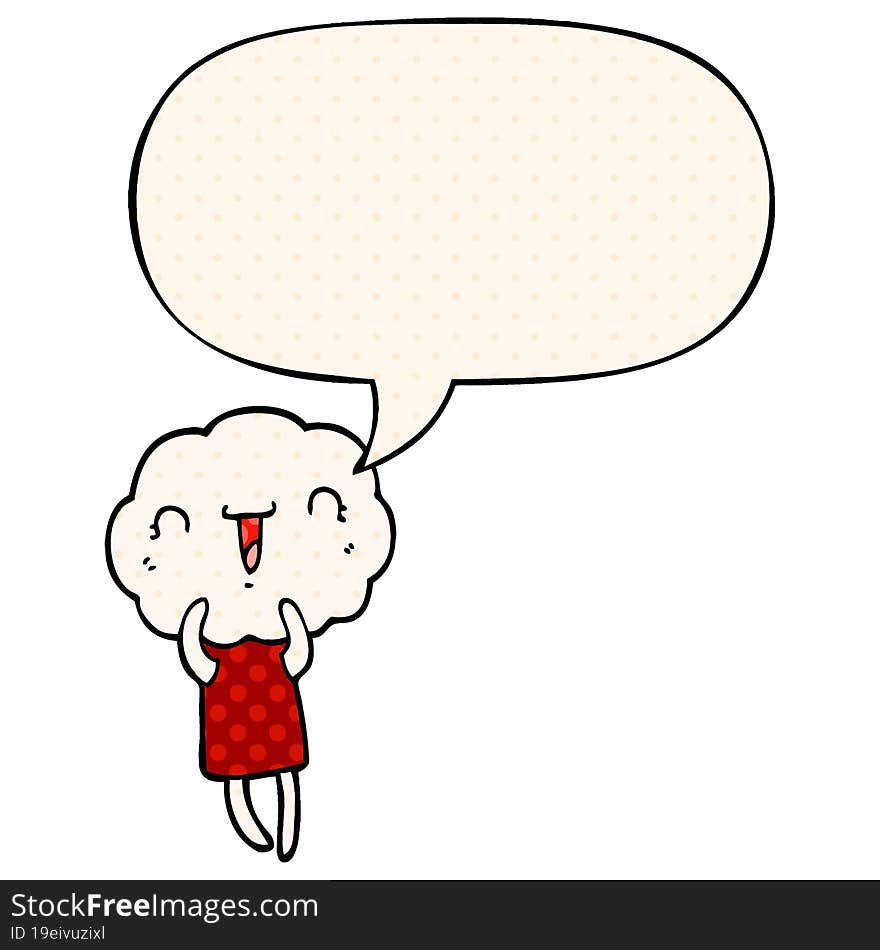 cute cartoon cloud head creature and speech bubble in comic book style